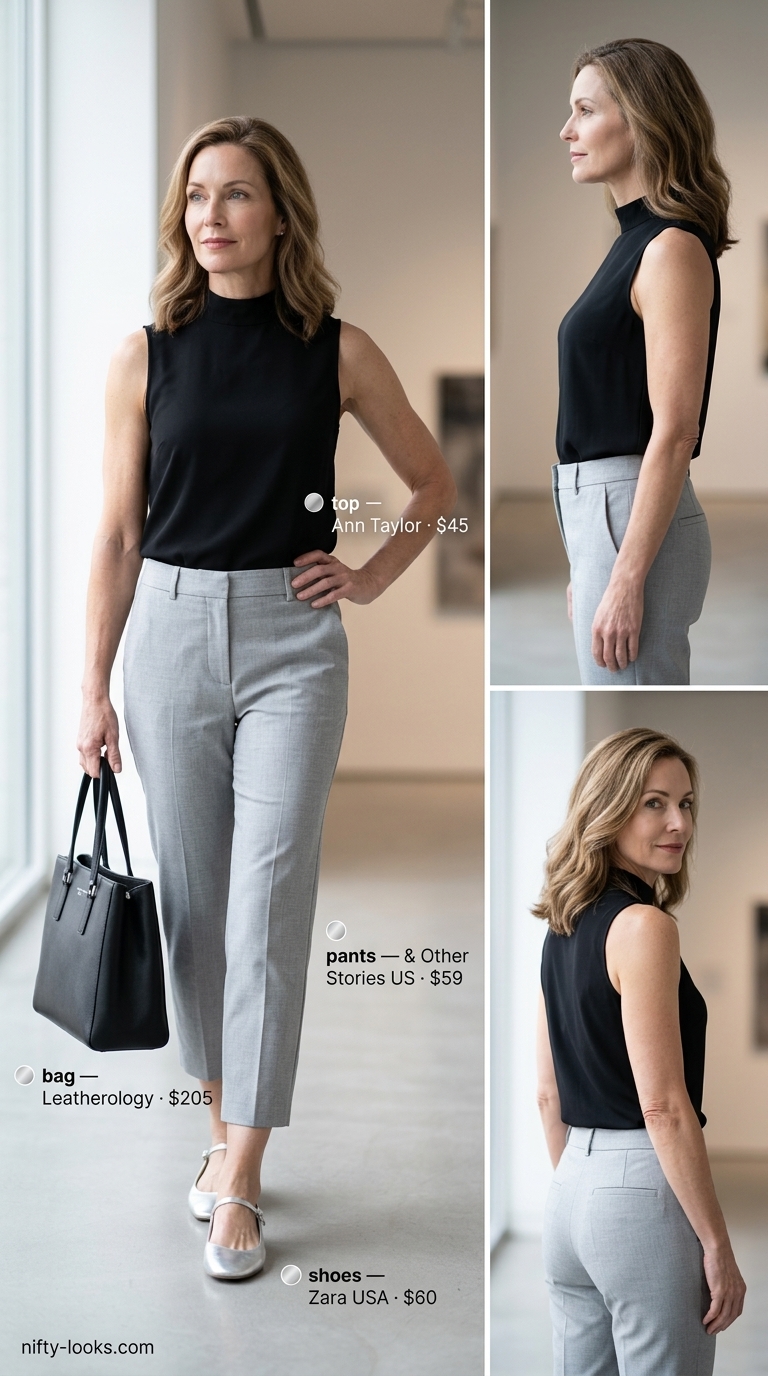 Timeless summer outfit for women over 50 2026: Light grey trousers for polished office-to-dinner.
