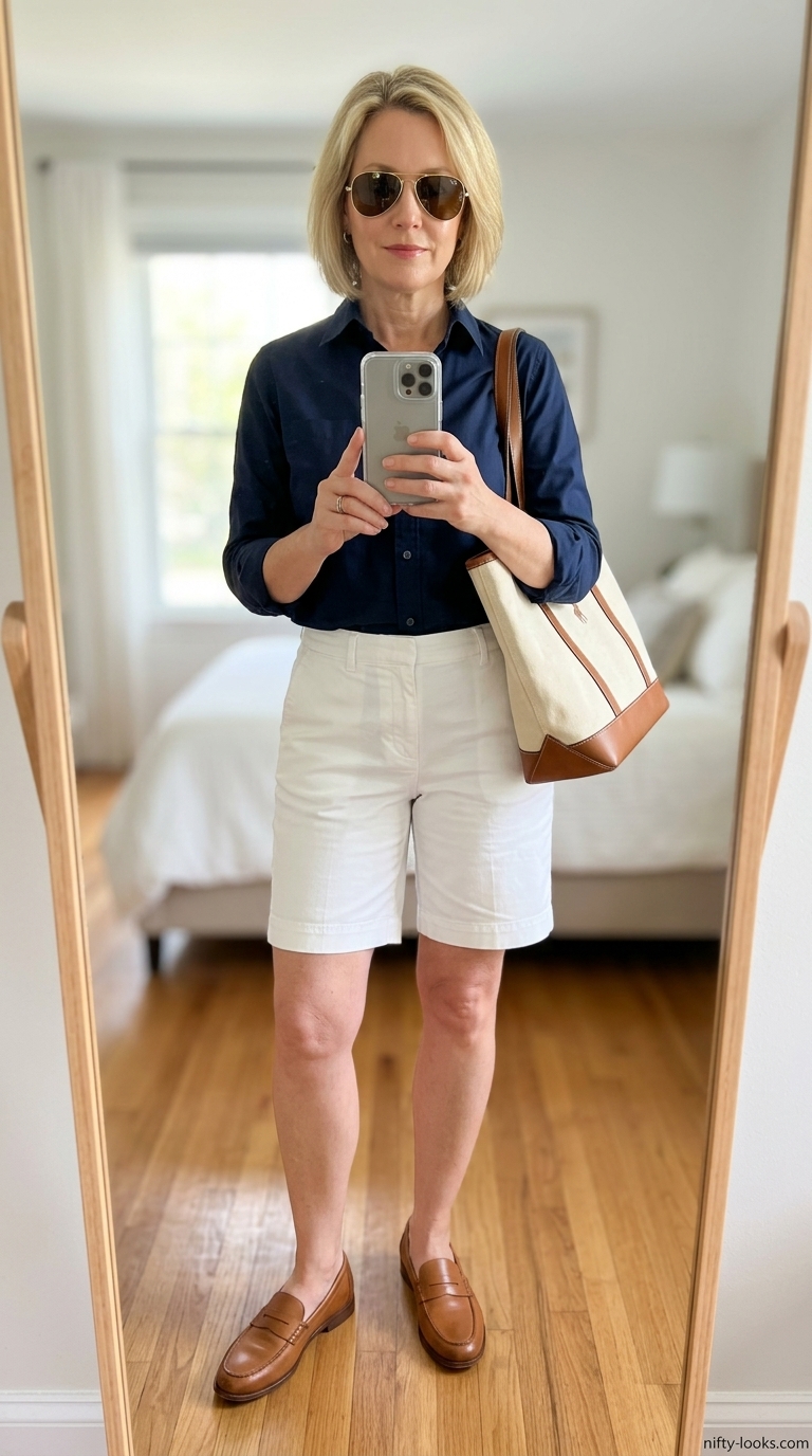 Timeless summer outfit for women over 50 2026: White shorts, navy stripe shirt, red loafers for a preppy Hamptons look.