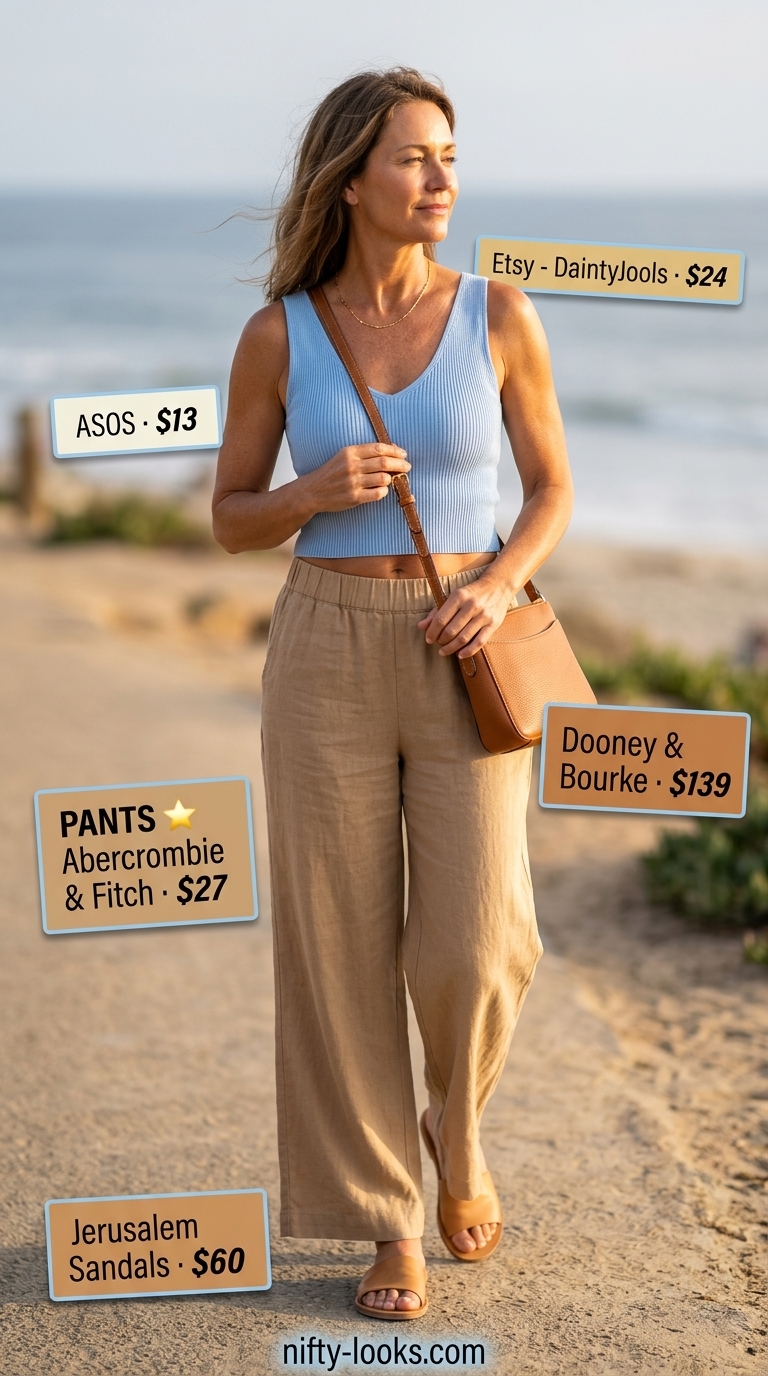 Timeless summer outfit for women over 50 2026: Ivory linen pants, sky blue knit top, tan leather slides.