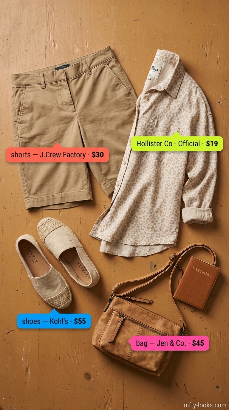 Timeless summer outfit for women over 50 2026: Khaki Bermuda shorts, white linen shirt, leopard espadrilles.