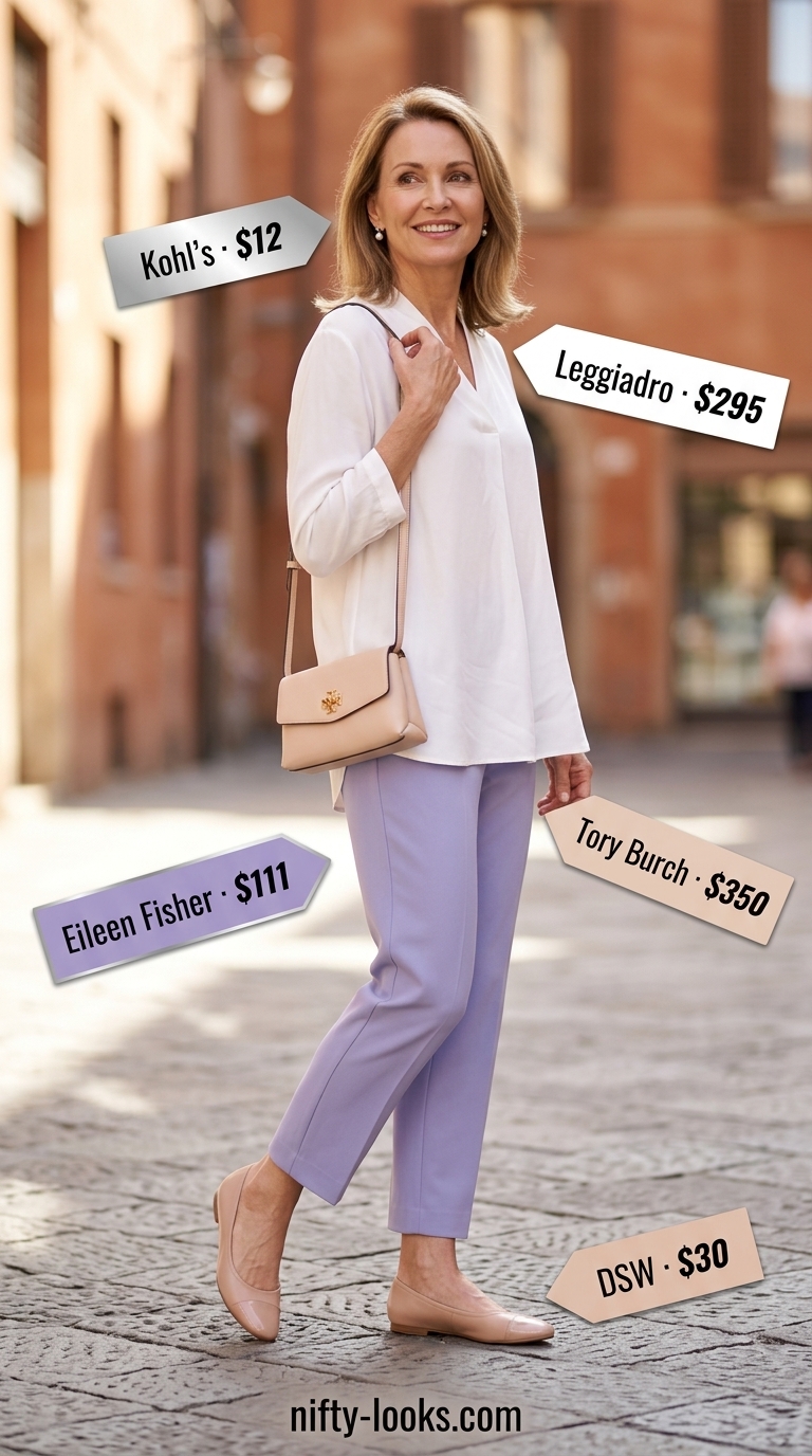 Timeless summer outfit for women over 50 2026: Lavender tunic, white cropped pants, pearl earrings, nude flats.