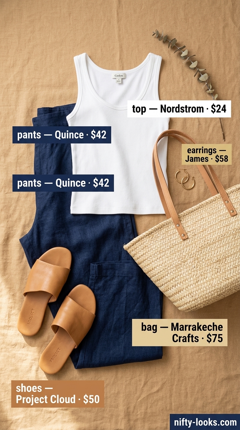 Timeless summer outfit for women over 50 2026: Navy wide-leg pants, white knit top, tan slides, straw tote.