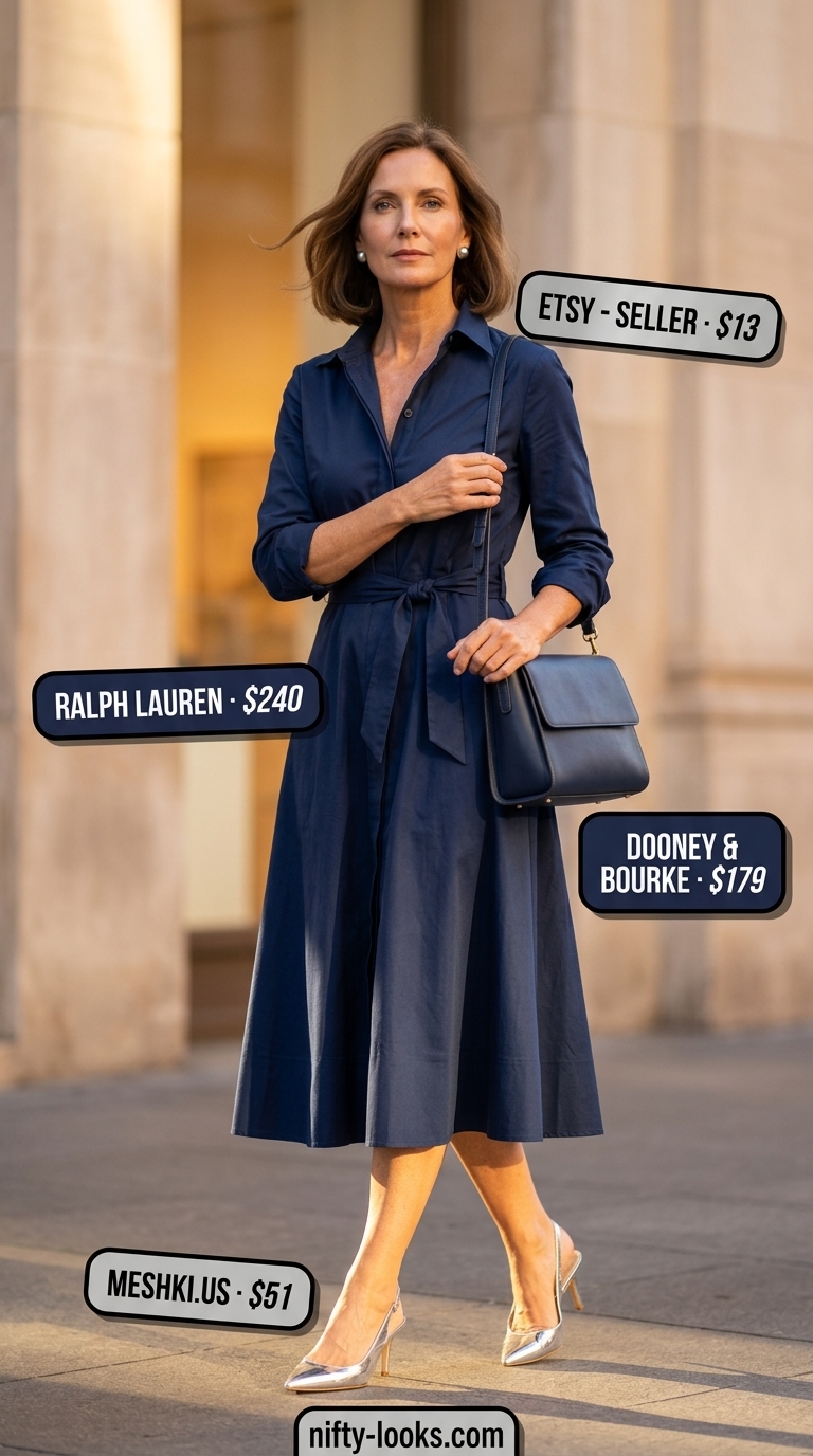 Timeless summer outfit for women over 50 2026: Navy shirt dress for gallery openings.
