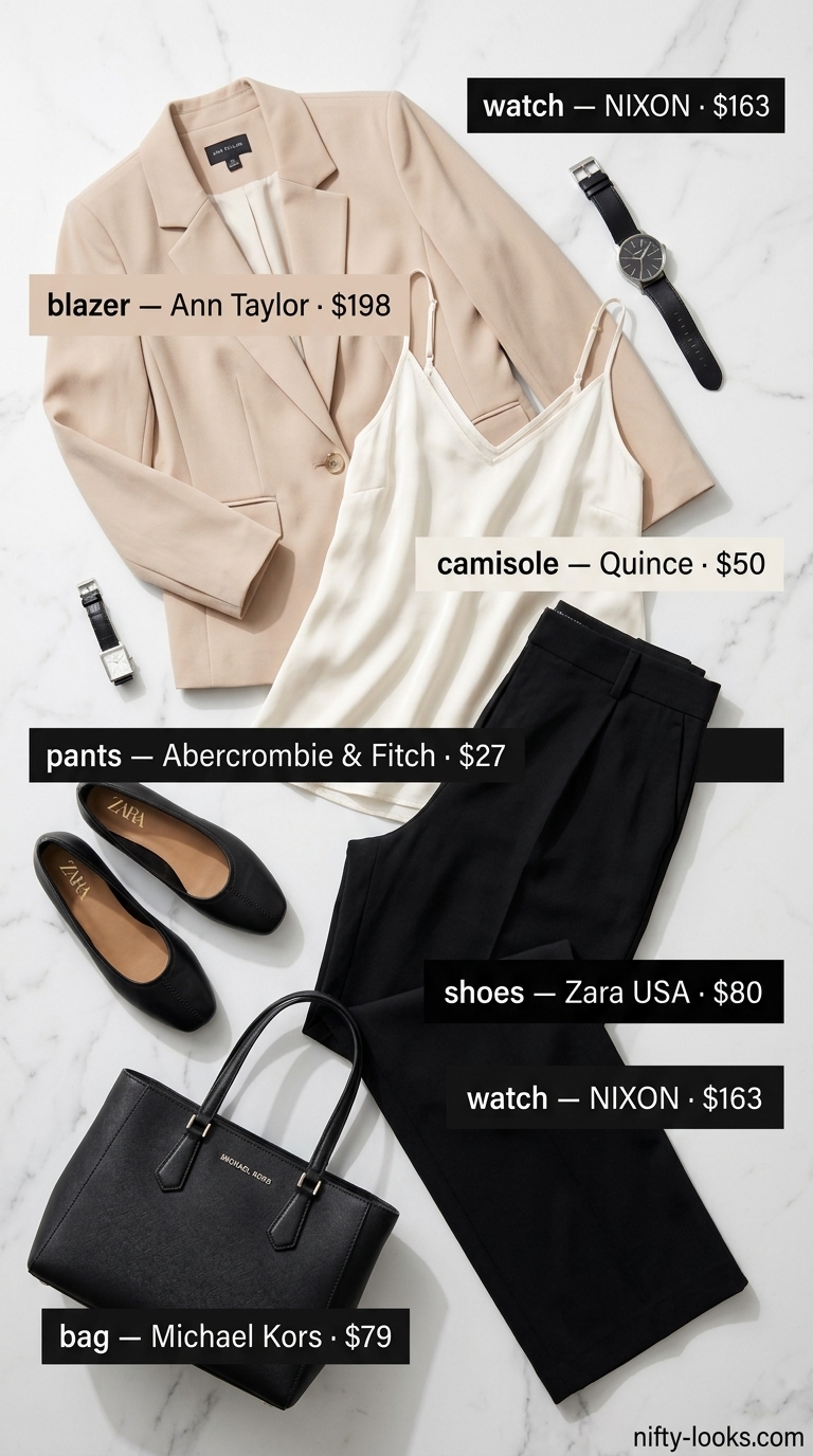 Timeless summer outfit for women over 50 2026: Beige trousers, black blazer, white camisole, flats & tote for office.