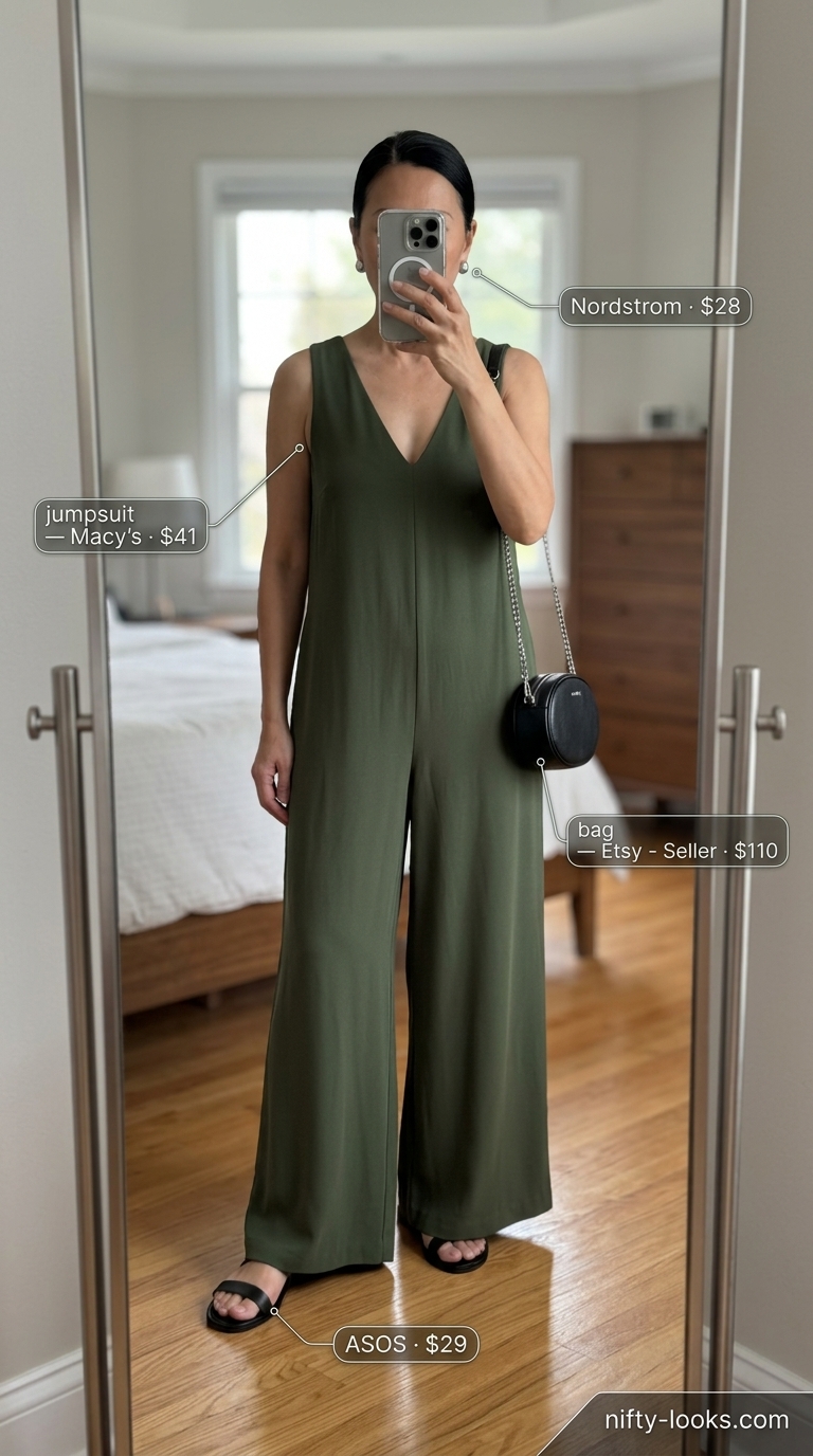 Timeless summer outfit for women over 50 2026: Olive green wide-leg jumpsuit for urban elegance.