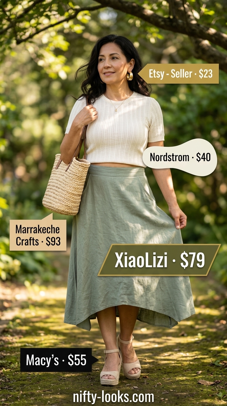 Timeless summer outfit for women over 50 2026: Olive green midi skirt, cream knit top, espadrille wedges.