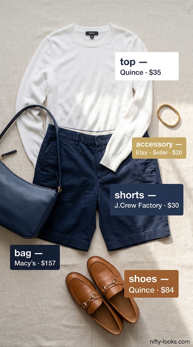 Timeless summer outfit for women over 50 2026: White Bermuda shorts, navy knit sweater, loafers & camel bag for preppy style.