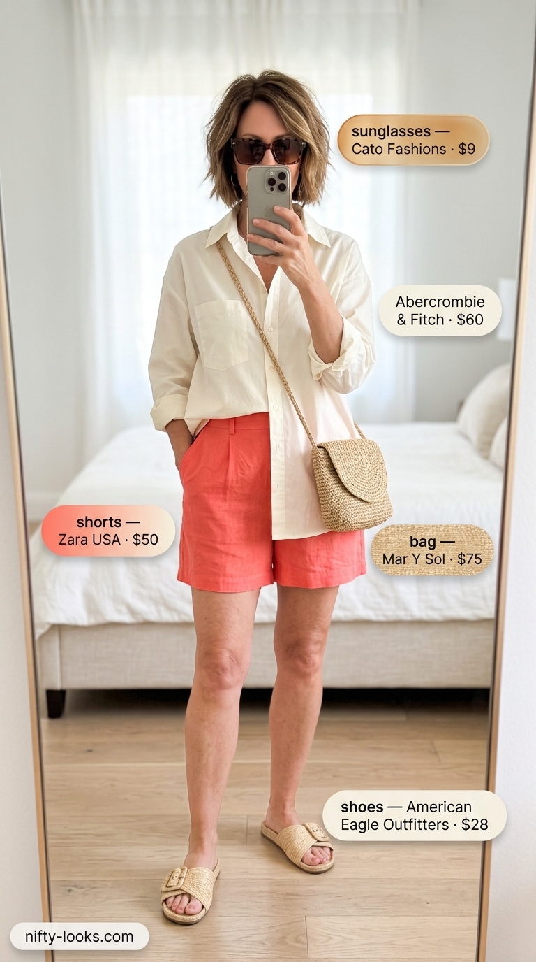 Timeless summer outfit for women over 50 2026: Coral Bermuda shorts, white oversized shirt, raffia sandals & bag for resort wear.