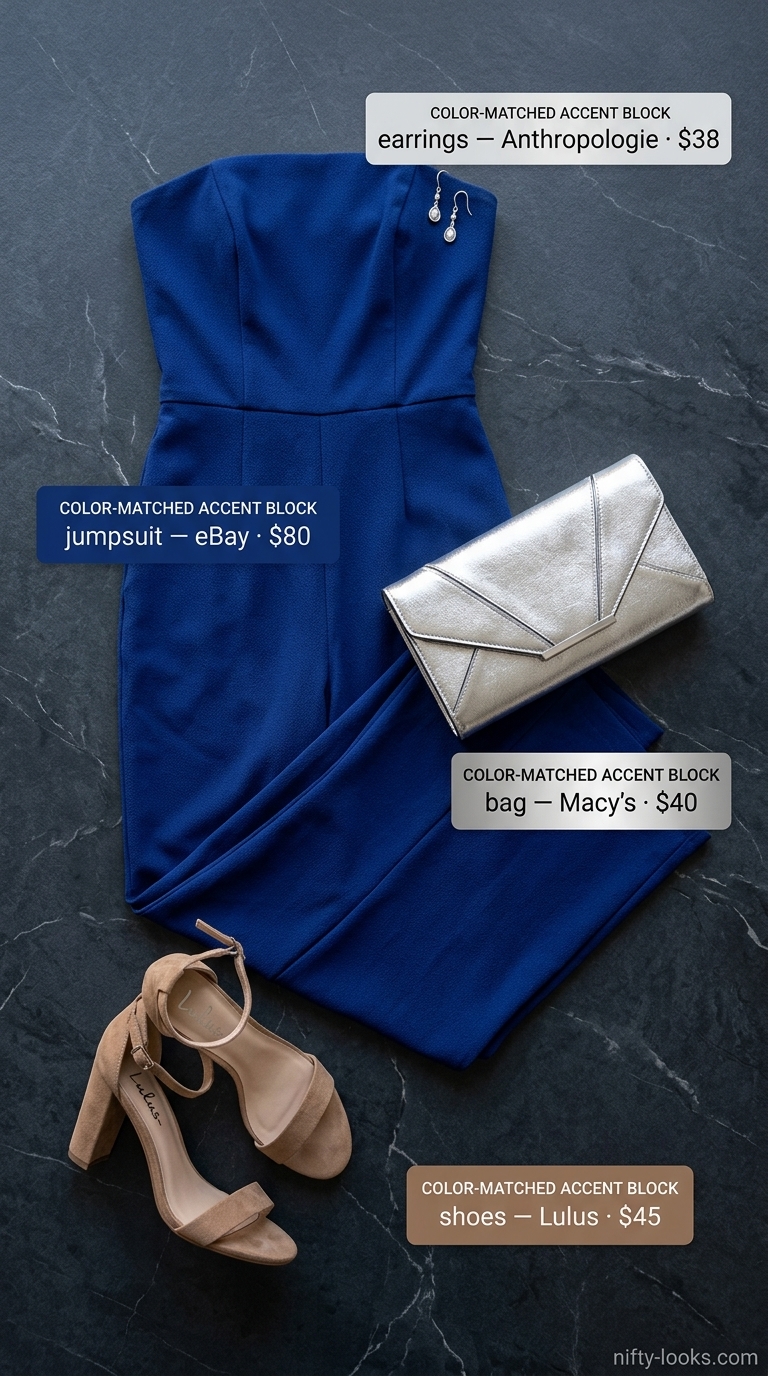 Timeless summer outfit for women over 50 2026: Sapphire blue jumpsuit for elegant evening wear.