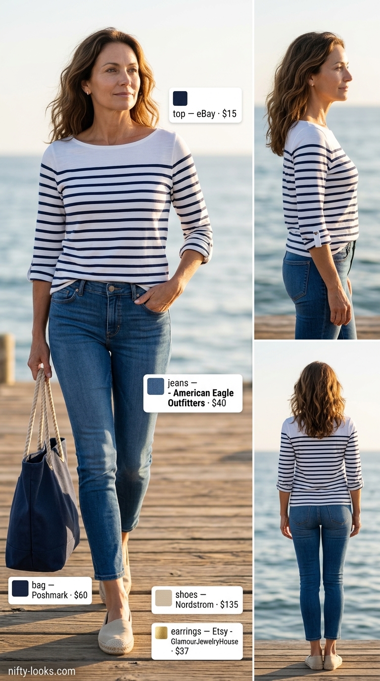 Timeless summer outfit for women over 50 2026: Striped top, white jeans for nautical style.