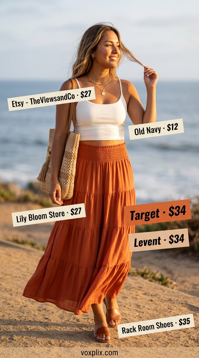 Trending summer must have outfits for women 2026: Terracotta maxi skirt, ivory crop top, straw bag for boho festival style.