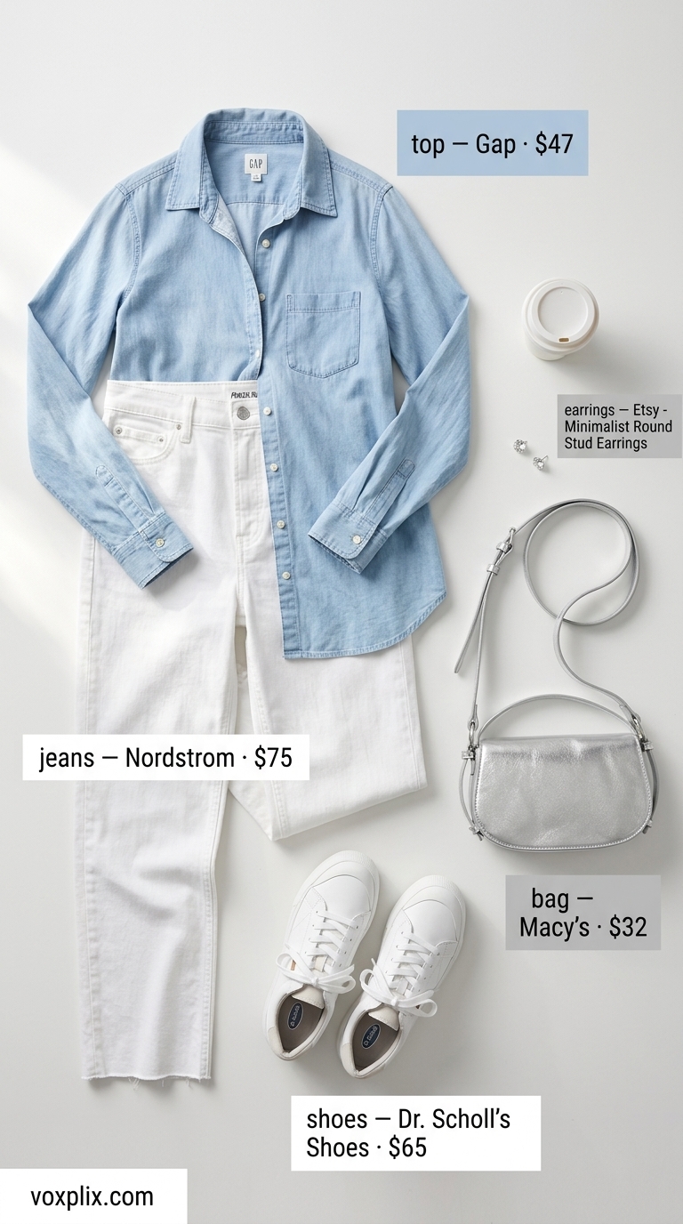 Trending summer must have outfits for women 2026: White jeans, light blue shirt, silver accessories for a city stroll.