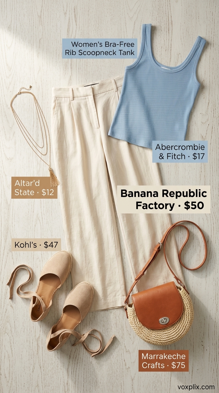 Coastal Breeze Brunch outfit: Cream linen pants, sky blue knit top, tan espadrilles. Trending summer must have outfits for women 2026.