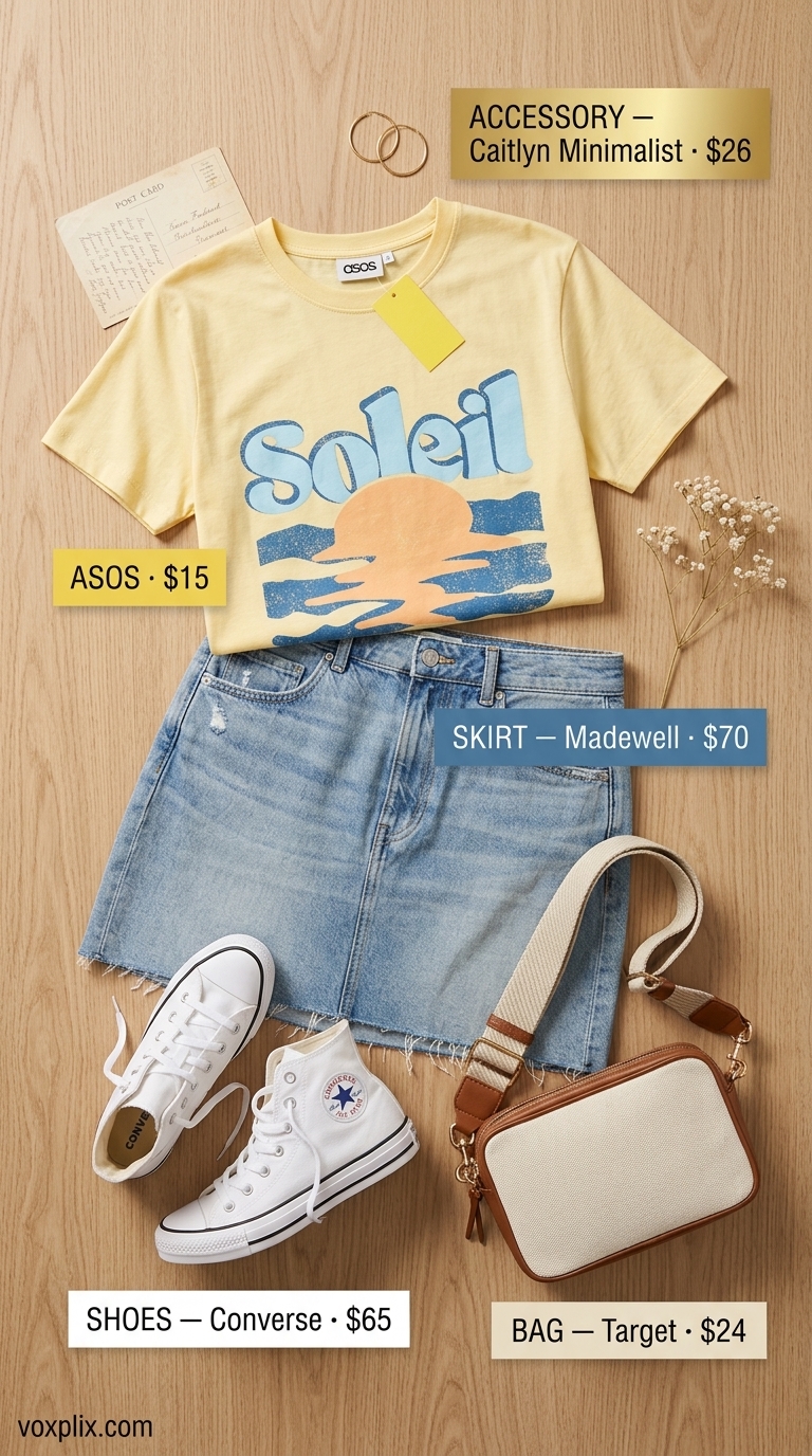 Retro Summer Fun outfit: Denim skirt, yellow graphic tee, sneakers. Trending summer must have outfits for women 2026.