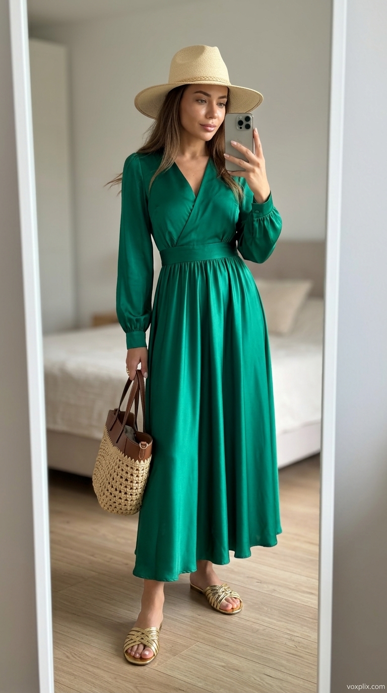 Trending summer must have outfits for women 2026: Emerald green silk caftan dress, gold sandals for luxurious resort vacation.