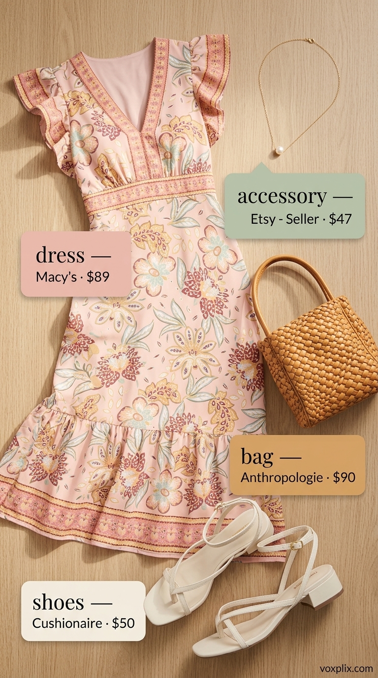 Trending summer must have outfits for women 2026: Blush pink floral dress, cream sandals, woven bag for garden party.