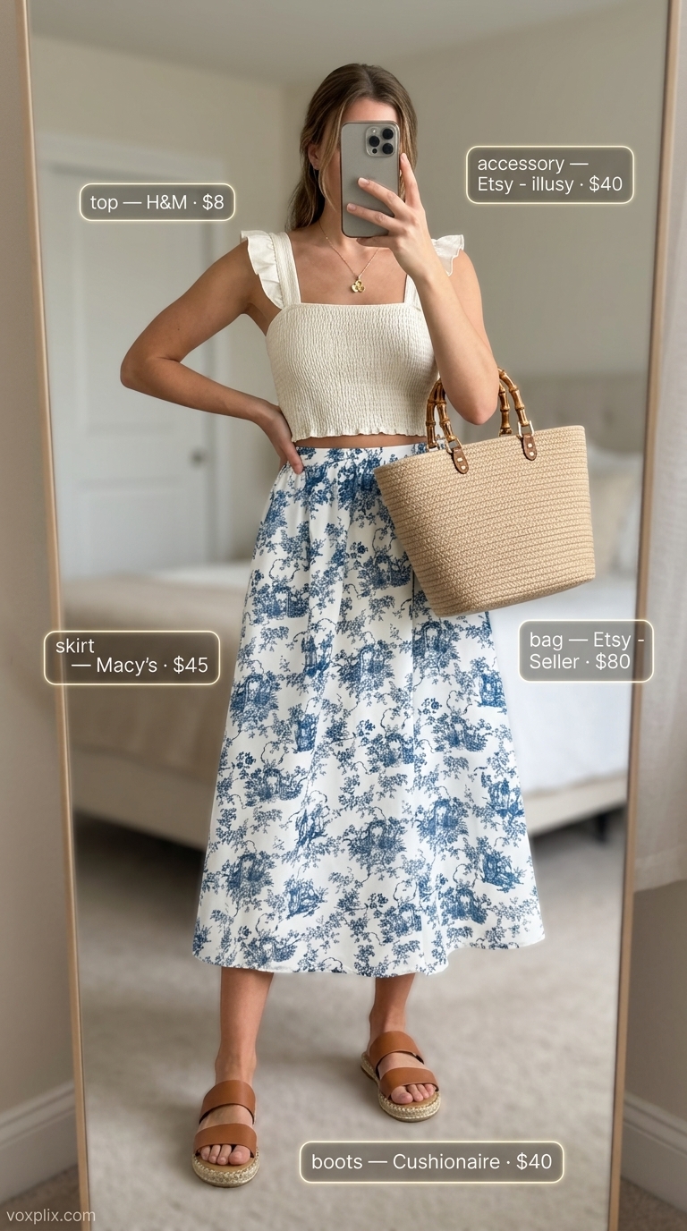 Trending summer must have outfits for women 2026: Blue floral skirt, white crop top, espadrilles for a picnic.