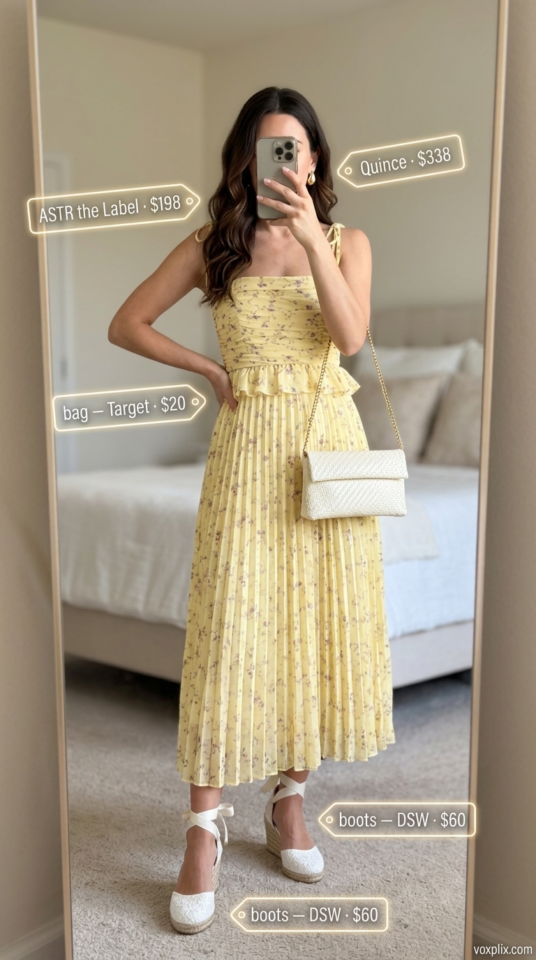 Golden Hour Garden Party dress: Yellow floral sundress, espadrille wedges. Trending summer must have outfits for women 2026.
