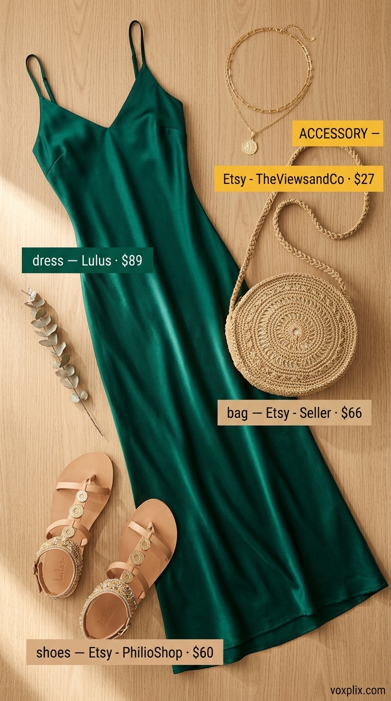 Trending summer must have outfits for women 2026: Emerald green satin dress, gold necklaces, straw bag for boho beach vibes.