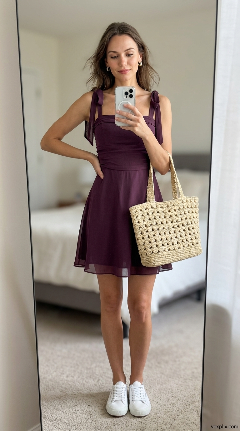 Trending summer must have outfits for women 2026: Lavender sundress, white sneakers, straw bag for a sweet picnic look.