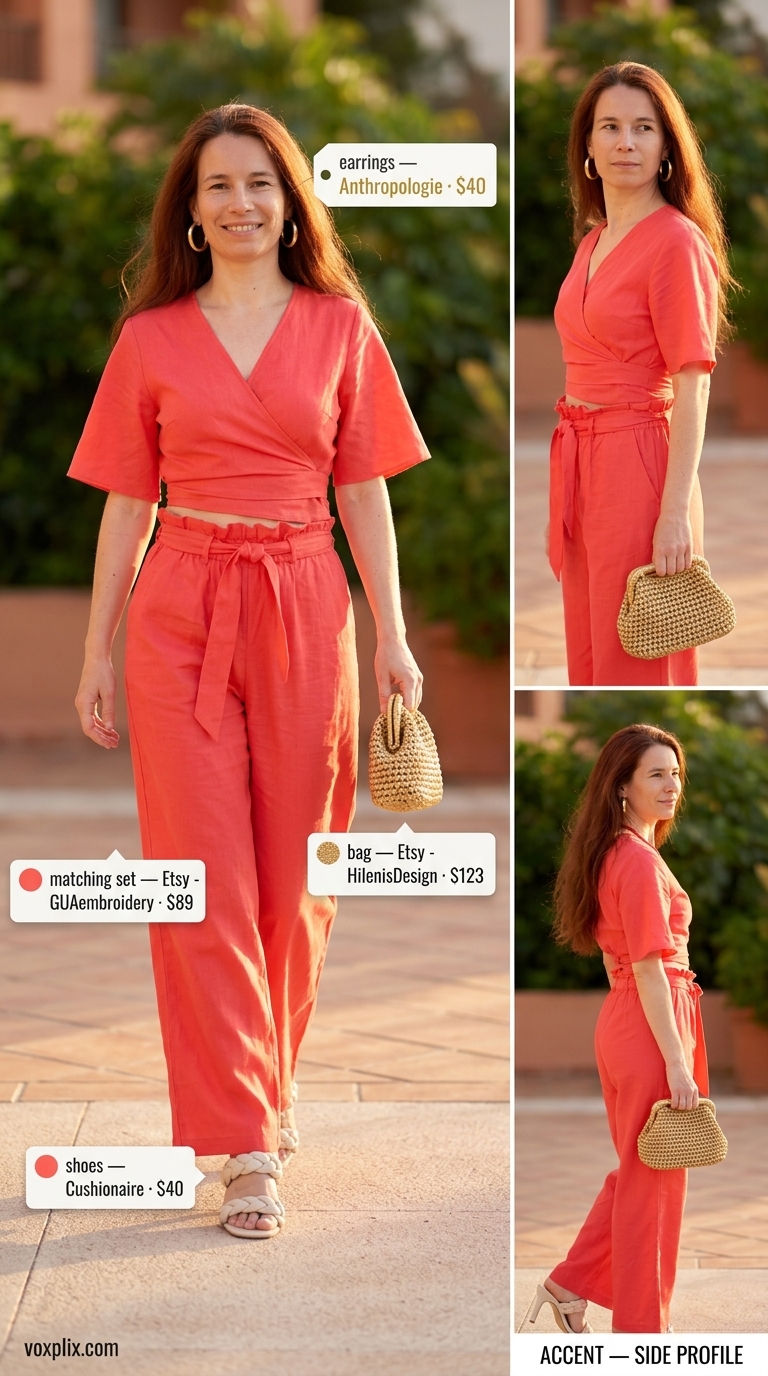 Vibrant Resort Evening matching set: Coral linen crop top and pants. Trending summer must have outfits for women 2026.