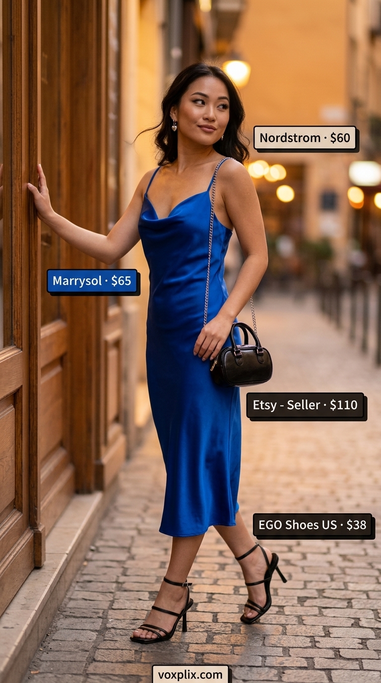 Trending summer must have outfits for women 2026: Cobalt blue satin slip dress, black strappy heels for glamorous date night.