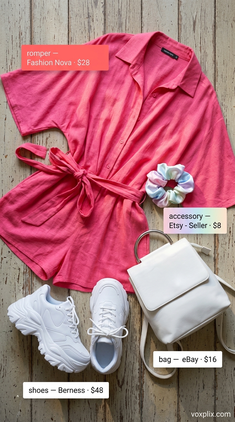 Trending summer must have outfits for women 2026: Hot pink romper, white sneakers, silver sunglasses for a playful look.