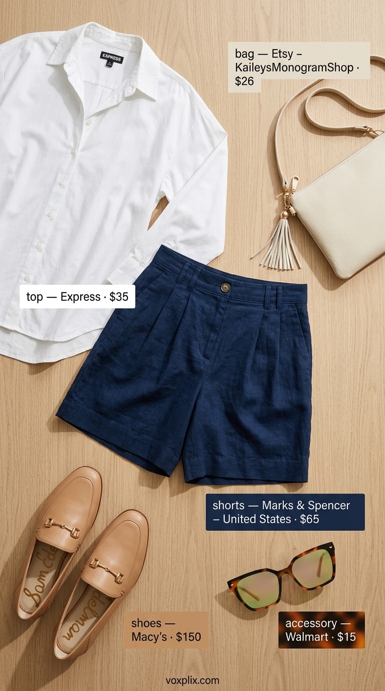 Trending summer must have outfits for women 2026: Navy linen shorts, white oversized shirt, tan loafers for chic brunch style.