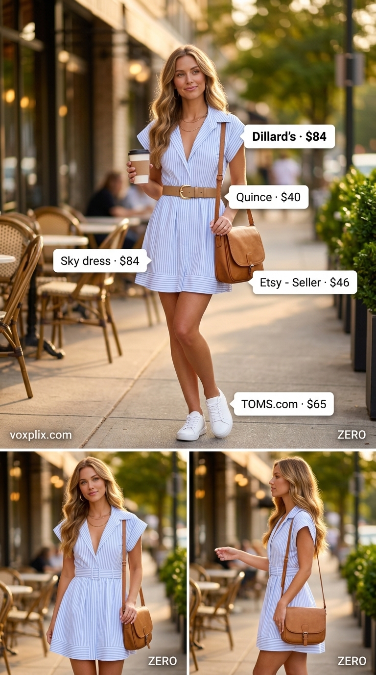 Crisp Summer Day dress: Sky blue shirtdress, white sneakers, tan crossbody. Trending summer must have outfits for women 2026.