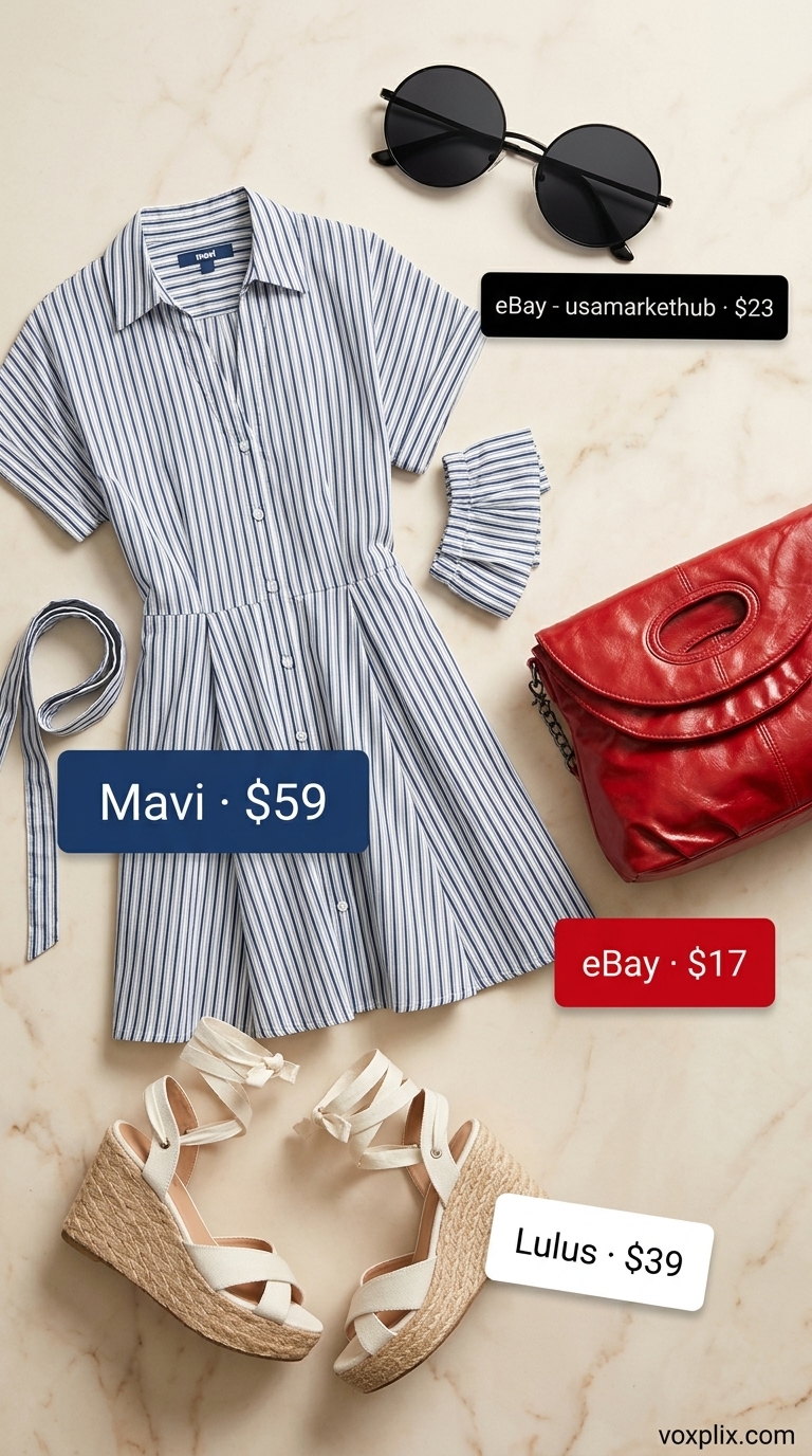 Trending summer must have outfits for women 2026: Blue stripe shirt dress, espadrille wedges, red bag for Riviera chic.