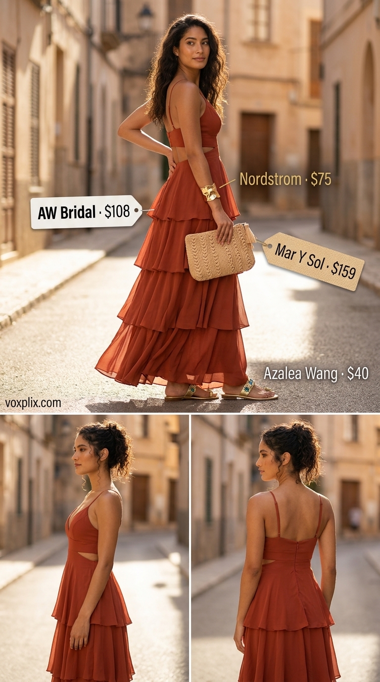 Sunset Island Dinner dress: Terracotta crinkle cotton maxi dress, gold sandals. Trending summer must have outfits for women 2026.