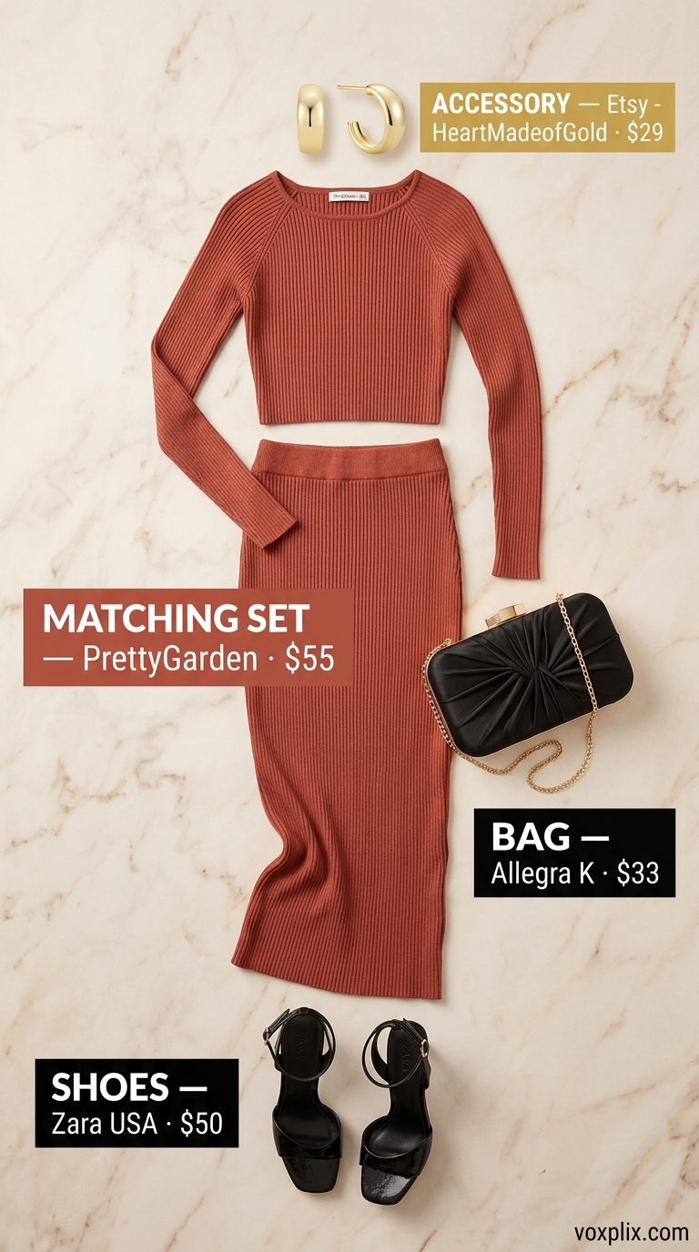 Trending summer must have outfits for women 2026: Terracotta matching set, gold earrings, black heels for evening elegance.