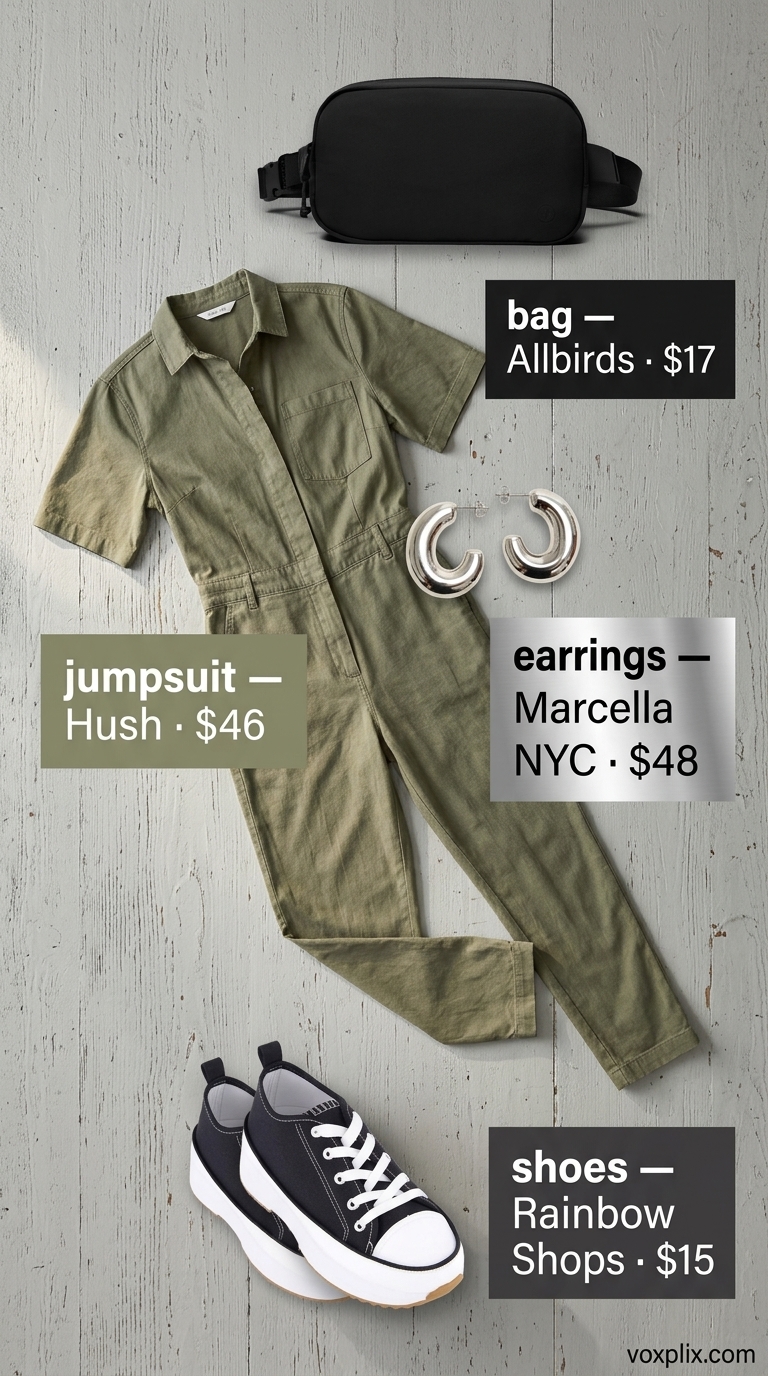 Trending summer must have outfits for women 2026: Khaki utility jumpsuit, black chunky sneakers for urban exploration.