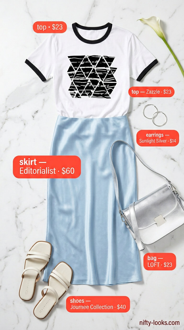 Pastel blue slip skirt outfit for women: graphic tee, silver bag. Trendy capsule ideas for summer wardrobe for women 2026.