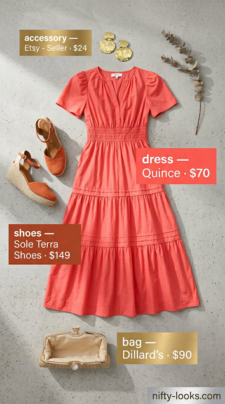 Coral maxi dress outfit for women: espadrilles, statement earrings. Trendy capsule ideas for summer wardrobe for women 2026.