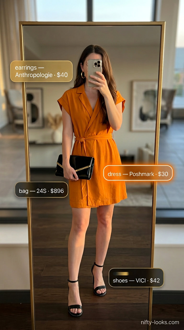 Mango orange midi dress outfit for women: gold earrings, black heels. Trendy capsule ideas for summer wardrobe for women 2026.