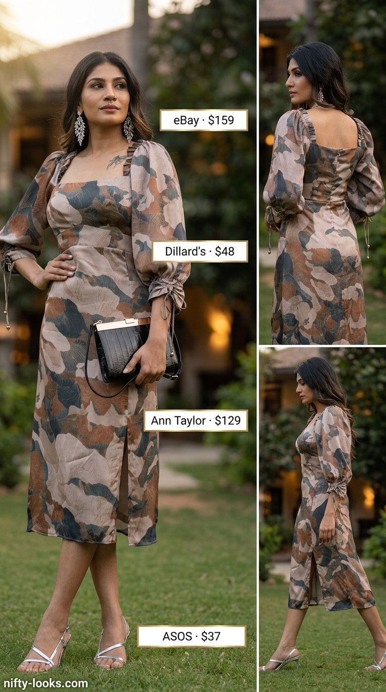 Black and white print dress outfit for women: metallic sandals, chandelier earrings. Trendy capsule ideas for summer wardrobe for women 2026.