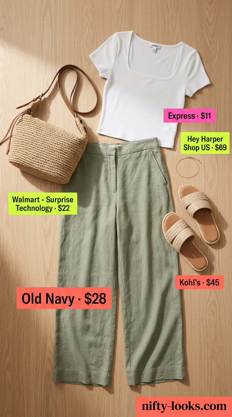 Sage green linen pants outfit for women: crop top, straw bag, anklet. Trendy capsule ideas for summer wardrobe for women 2026.