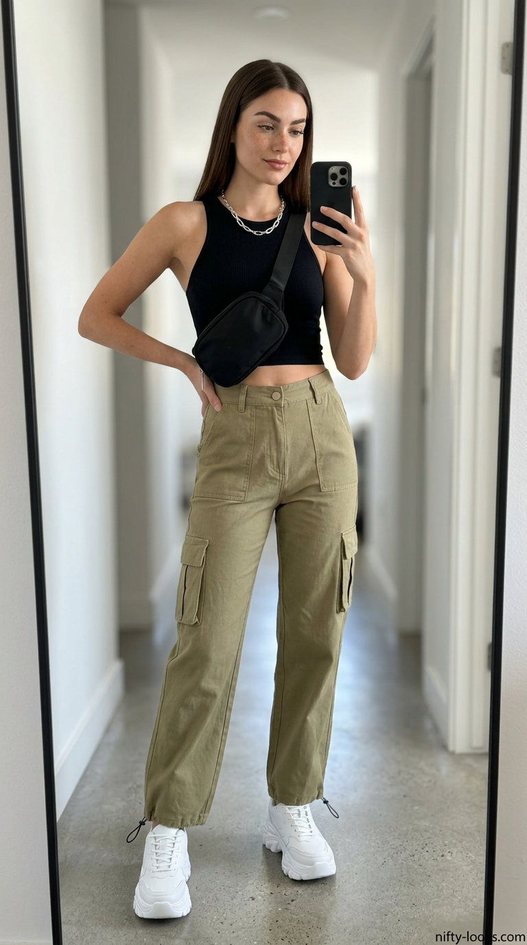Street art stroll pants outfit: khaki cargo pants, black crop top, white sneakers. Trendy capsule ideas for summer wardrobe for women 2026.