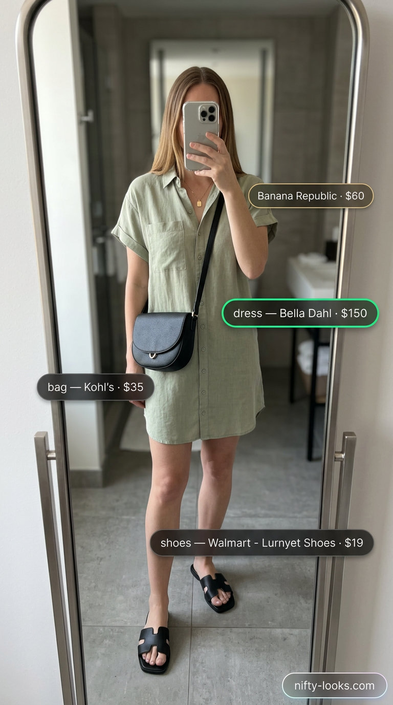 Khaki green oversized shirt dress for women, part of trendy capsule ideas for summer wardrobe 2026. Effortless and chic.