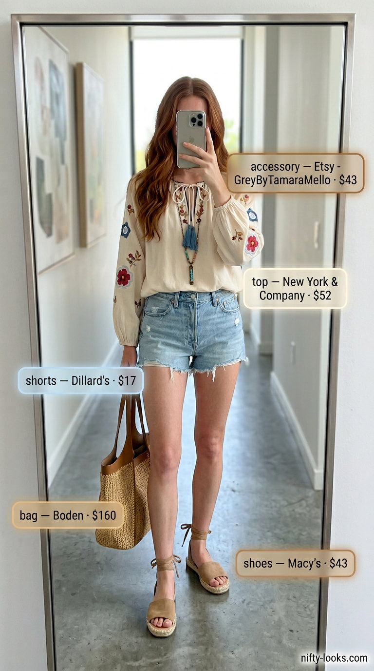 White embroidered peasant blouse for women, part of trendy capsule ideas for summer wardrobe 2026. Free-spirited and artsy.