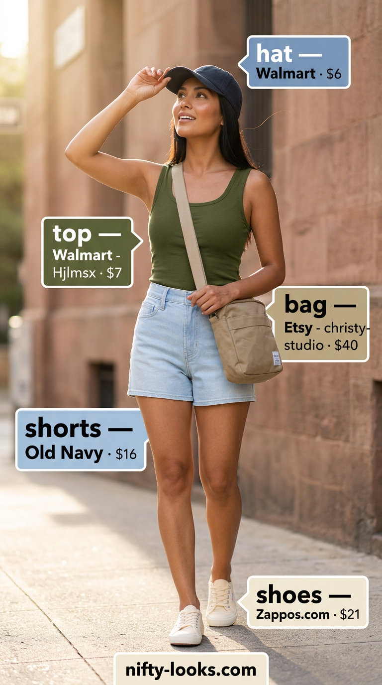 Urban safari shorts outfit: denim shorts, olive top, cream sneakers. Trendy capsule ideas for summer wardrobe for women 2026.