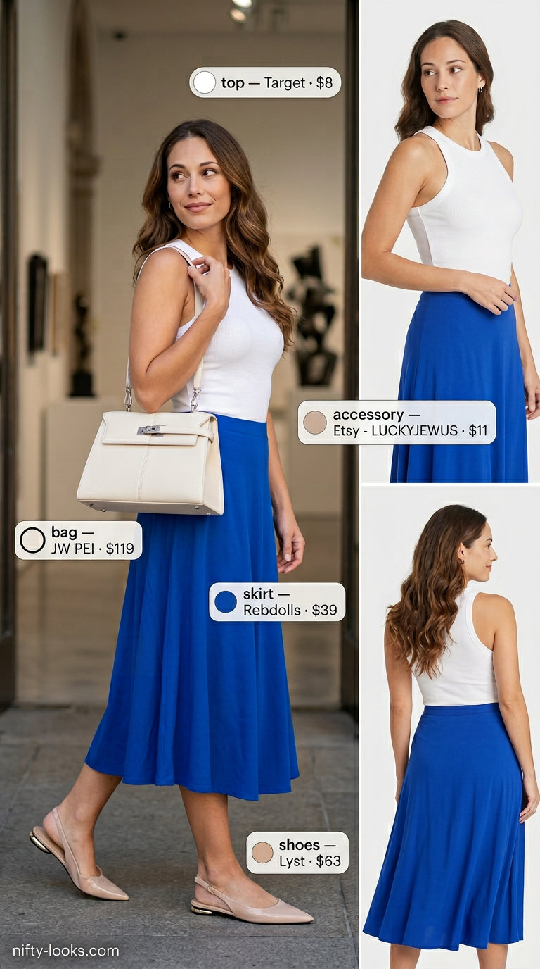 Cobalt blue midi skirt outfit for women, part of trendy capsule ideas for summer wardrobe 2026. Chic and polished.