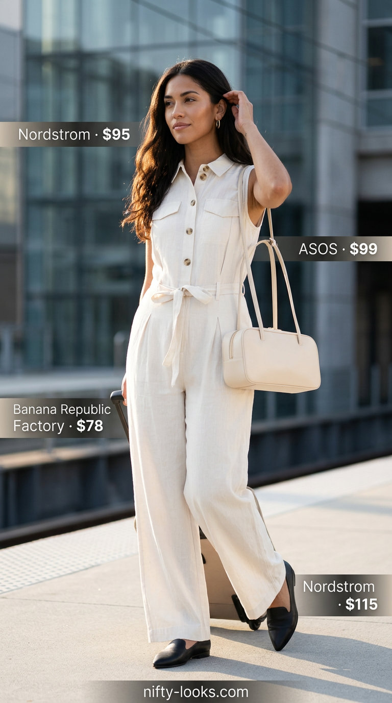 Minimalist utility chic jumpsuit outfit: cream jumpsuit, tan bag, black loafers. Trendy capsule ideas for summer wardrobe for women 2026.