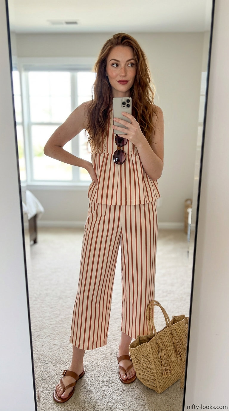 Desert bohemian matching set: terracotta striped set, straw tote, tan slides. Trendy capsule ideas for summer wardrobe for women 2026.