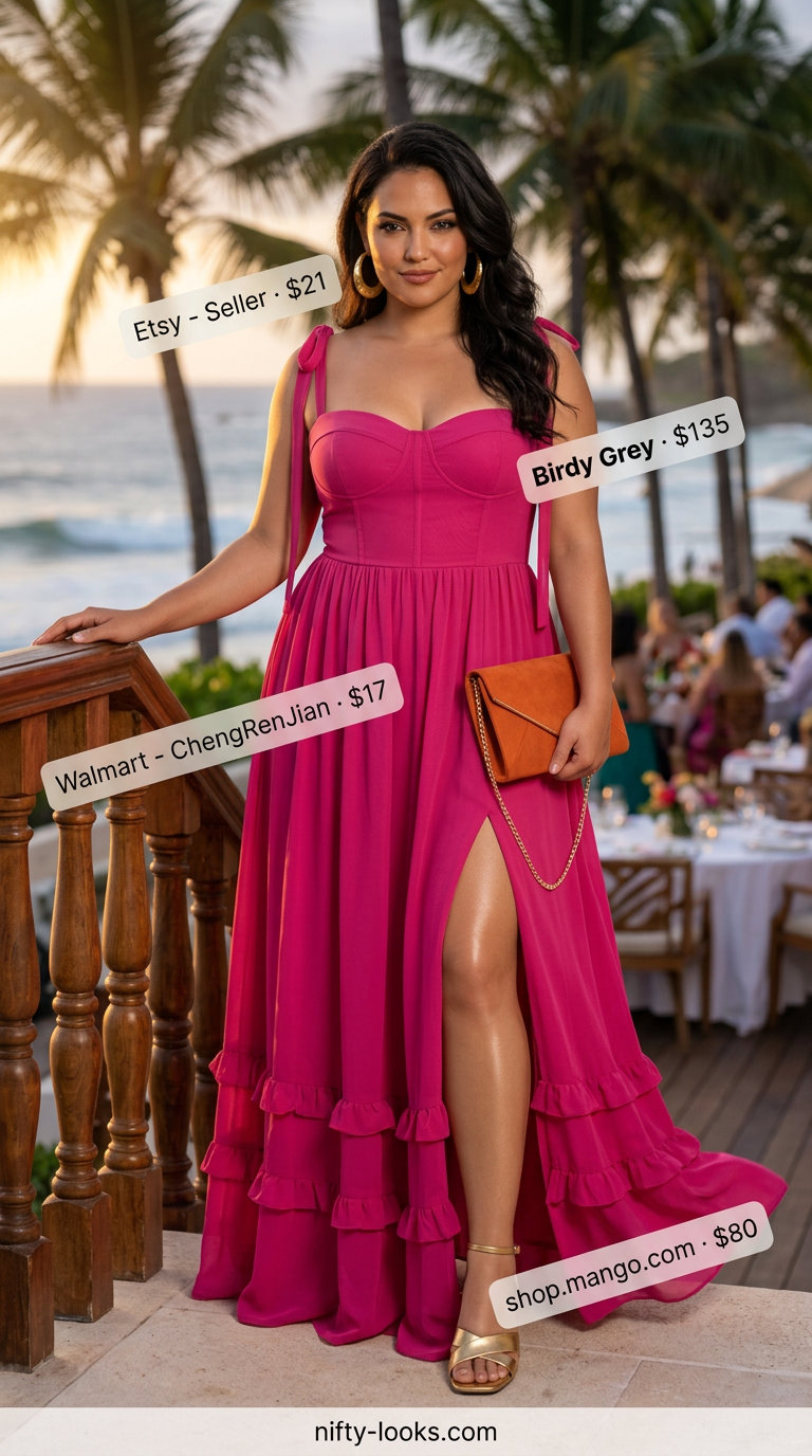 Sunset soirée siren dress outfit: fuchsia maxi dress, orange clutch, gold sandals. Trendy capsule ideas for summer wardrobe for women 2026.