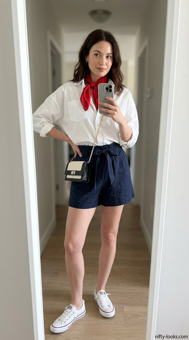 Nautical weekend shorts outfit: navy shorts, white shirt, red bandana. Trendy capsule ideas for summer wardrobe for women 2026.