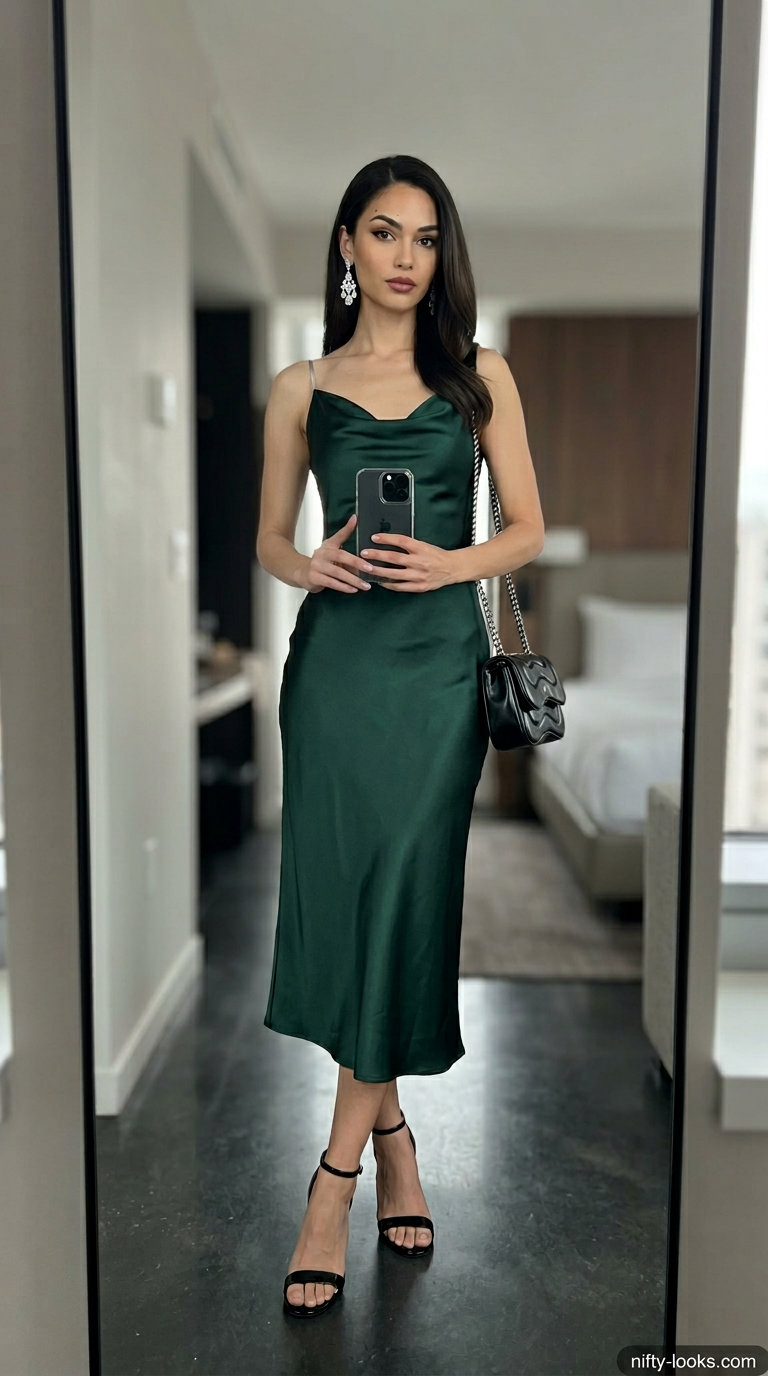 Emerald city nights dress outfit: emerald slip dress, black heels, silver bag. Trendy capsule ideas for summer wardrobe for women 2026.