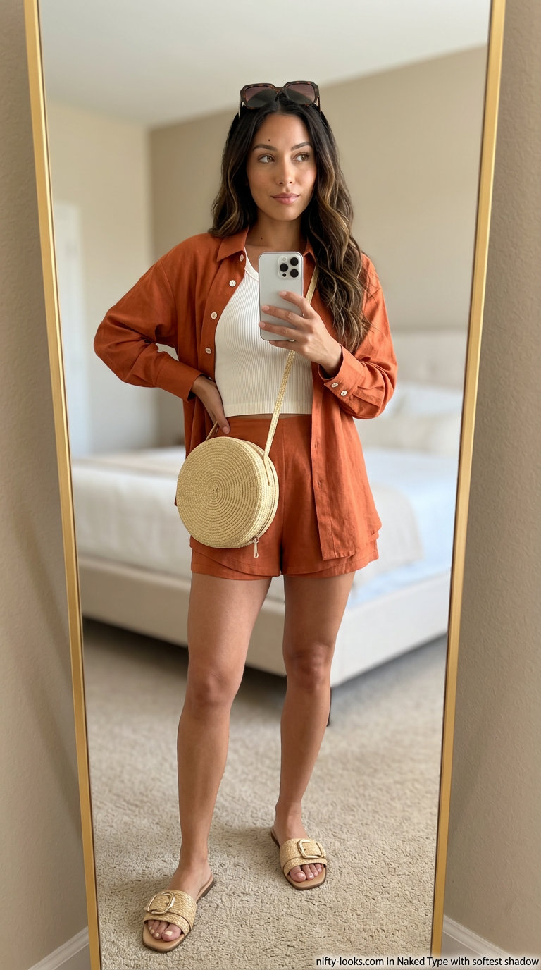 Terracotta linen blend matching set for women, part of trendy capsule ideas for summer wardrobe 2026. Relaxed and chic.