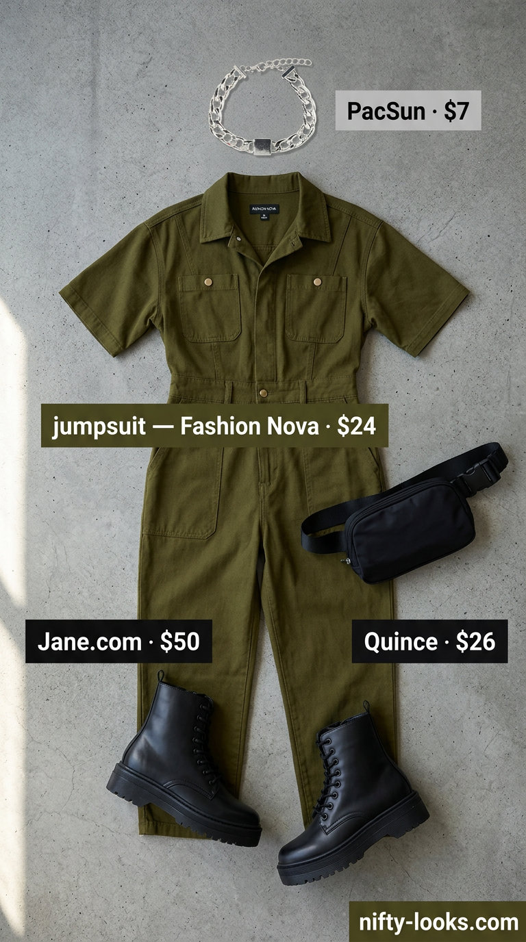 Olive green utility jumpsuit for women, perfect for summer wardrobe capsule ideas 2026. Casual, edgy, modern style.
